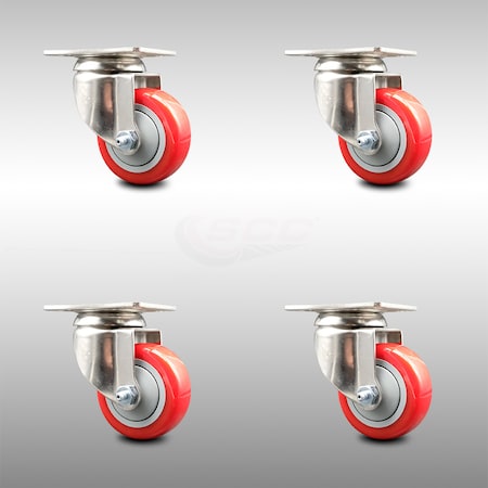 Service Caster 3.5 Inch 316SS Red Polyurethane Wheel Swivel Top Plate Caster Set SCC SCC-SS31620S3514-PPUB-RED-4